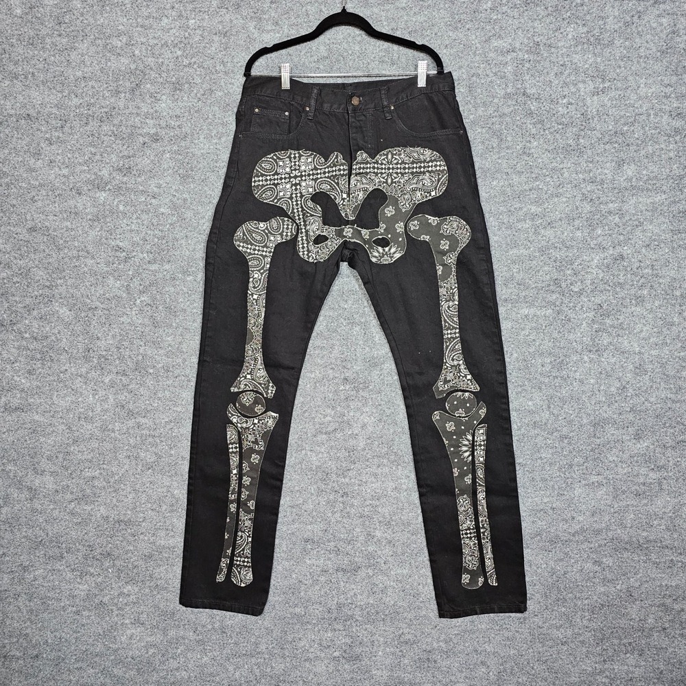 MNML Skeleton Paisley Applique Jeans Mens 34 Black Streetwear Button Fly Pants